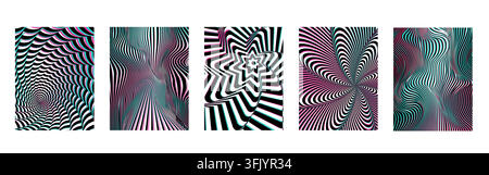 Modelli psichedelici ipnotici con onde ottiche. Illustrazione vettoriale di spirali neon radiali turbinanti, sfondi astratti con design di illusione geometrica, effetti radiali dinamici in bianco e nero Illustrazione Vettoriale