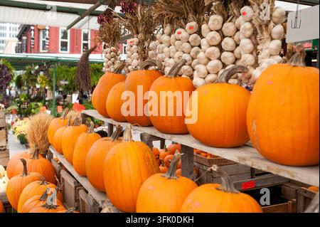 Un banco del mercato mostra una generosa esposizione di zucche e aglio appeso sopra, Byward Market, Ottawa, Ontario, Canada Foto Stock