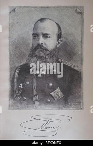 Ritratto del General-Feldzeugmeister Gran Duca Mikhail Nikolaevich (1832-1909). Illustrazione dal libro "Giubileo del 500° anniversario dell'artiglieria russa". 1889. Foto Stock