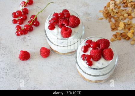 Deliziosi Parfait di yogurt e muesli con lamponi freschi Foto Stock