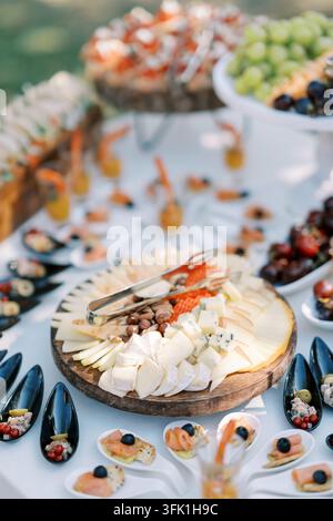 Vassoio di formaggi assortiti e antipasti gourmet su un tavolo all'aperto Foto Stock