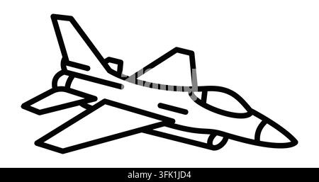 Un disegno in bianco e nero di un jet da combattimento. Il jet è posizionato al centro dell'immagine ed è l'elemento principale. Tratto modificabile Illustrazione Vettoriale