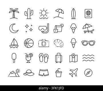 Collezione di icone minimaliste per le vacanze estive con temi di spiaggia e viaggio. Illustrazione Vettoriale