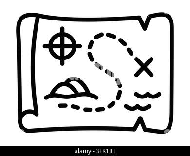 Una mappa pirata con una bussola e un teschio. La mappa è disegnata in bianco e nero. Tratto modificabile Illustrazione Vettoriale
