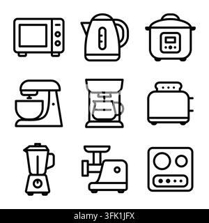 Set di nove icone essenziali di elettrodomestici da cucina: mixer, tostapane, frullatore, bollitore. Tratto modificabile Illustrazione Vettoriale