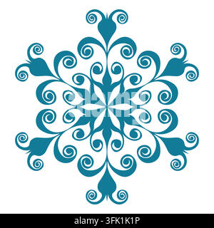Fiocco di neve modello blu. Icona dei fiocchi di neve isolata, mandala rotondo. Illustrazione piatta del cartone animato delle vacanze invernali. Buon Natale e Capodanno Vector. Mano Illustrazione Vettoriale