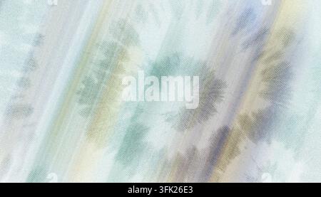 Un primo piano sfocato di un tessuto tie-dye color pastello con dolci vortici e tonalità miscelate di blu, verde e giallo su una superficie ruvida Foto Stock