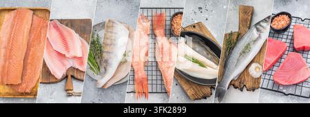 Collage a sette pannelli di filetti di salmone crudo e pesce bianco, pesci interi e bistecche di tonno con erbe su tavole e piatti su superfici chiare. Foto Stock