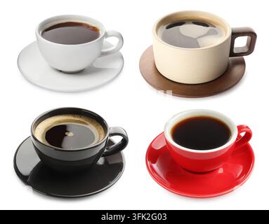 Bevande al caffè in diverse tazze isolate su sfondo bianco, set Foto Stock