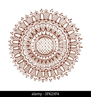 Tatuaggio al henné marrone mehndi design ornamentale rotondo. Illustrazione indiana mandala vettoriale grafica disegnata a mano. Per decorazione, design di studio, matrimonio Illustrazione Vettoriale