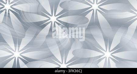 Sfondo floreale astratto con fiori stilizzati a forma di stella su uno sfondo a motivi blu e grigi a vortice. Foto Stock