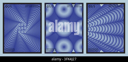 Una raccolta di tre poster verticali con motivi circolari blu astratti con un effetto sfumato moderno e layout di testo segnaposto. Illustrazione Vettoriale