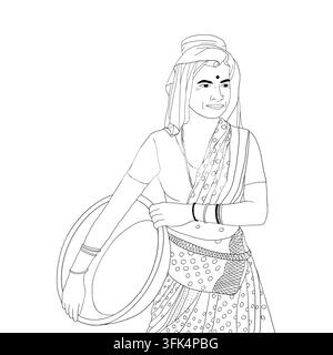 Donna indiana sorridente in sari che tiene un cesto di vagliatura vuoto. Illustrazione grafica vettoriale disegnata a mano in stile lineare sulla vita quotidiana in India. Per Illustrazione Vettoriale