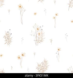 Motivo senza giunzioni dipinto a mano ad acquerello con fiori selvatici di terracotta ruggine radi, piccole infiorescenze simili a margherite, minuscoli rametti di germogli e erbe piumose su sfondo bianco Foto Stock