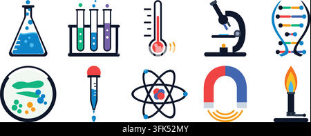 Set di icone colorate da laboratorio scientifico inclusi microscopio, provette, DNA e atomo su sfondo bianco Illustrazione Vettoriale