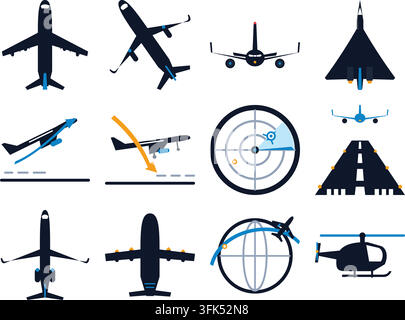 Set di icone vettoriali piatte di aviazione tra cui aerei, elicotteri, radar e traiettorie di volo su sfondo bianco Illustrazione Vettoriale