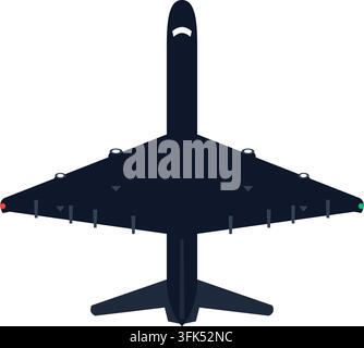 Illustrazione vettoriale in vista dall'alto di un caccia militare blu navy scuro con ali e coda, isolato su sfondo bianco Illustrazione Vettoriale