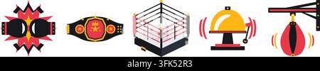 Set di icone vettoriali di guantoni da boxe, cintura di campionato, ring, campana e sacco da boxe Illustrazione Vettoriale