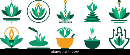 Set di dieci icone vettoriali piatte per yoga, meditazione e benessere con fiori di loto, candele e simboli zen su sfondo bianco Illustrazione Vettoriale