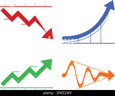 Set di quattro grafici vettoriali colorati a forma di freccia che mostrano tendenze di crescita, declino e fluttuazione su sfondo bianco Illustrazione Vettoriale