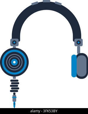Illustrazione vettoriale piatta moderna di cuffie over-ear blu e grigio scuro con cavo, isolate su sfondo bianco Illustrazione Vettoriale