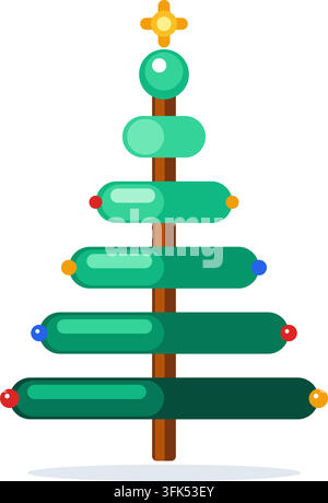 Illustrazione vettoriale piatta di albero di Natale con ornamenti colorati e stella sulla cima, isolata su sfondo bianco per il design delle festività Illustrazione Vettoriale