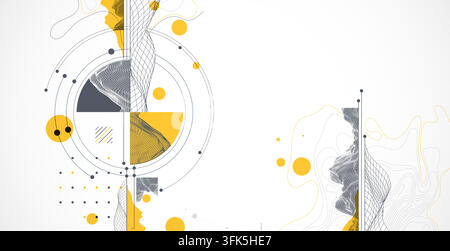 Composizione minimale astratta con montagne in wireframe e forme geometriche. Vettore Illustrazione Vettoriale