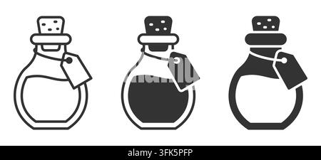 Set di tre bottiglie di pozioni con tappi e etichette in stile monocromo Illustrazione Vettoriale