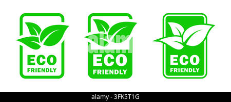 Set di icone ecologiche verdi con foglie e testo, che promuovono la sostenibilità ambientale e i prodotti verdi Illustrazione Vettoriale