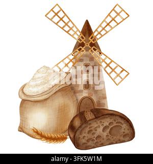 Illustrazione ad acquerello con mulino, farina, pane, panini e croissant. Ideale per il branding, il confezionamento e la raccolta, oltre che per la pubblicità b Foto Stock