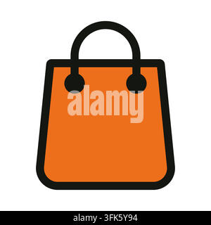 Icona di borsa della spesa arancione piatta con contorno nero. Vettore Illustrazione Vettoriale