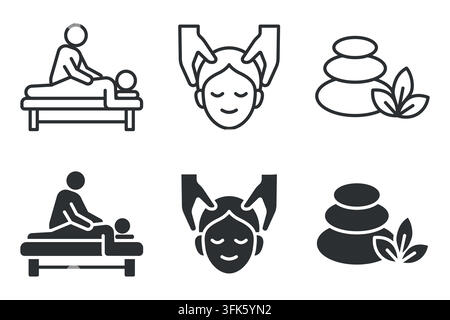 Set di icone spa con simboli di terapia del massaggio, massaggio della testa e trattamento con pietre calde Illustrazione Vettoriale