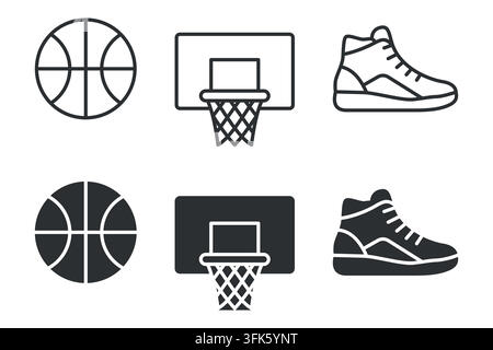 Icone di basket: palloni, canestri e scarpe da ginnastica in design bianco e nero Illustrazione Vettoriale