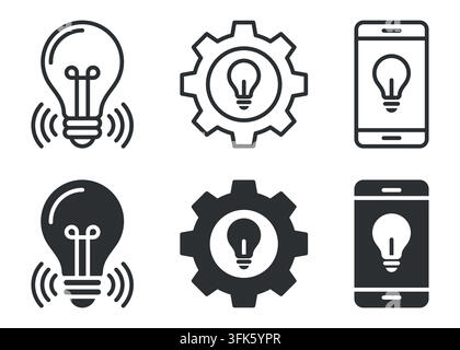 Lampadina innovativa e icone a ingranaggi per l'integrazione tecnologica e mobile Illustrazione Vettoriale