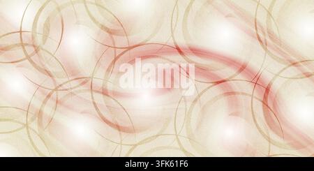 Uno sfondo astratto elegante con vortici circolari dorati e onde di luce rosse morbide e fluenti su una superficie textureggiata di colore chiaro. Foto Stock