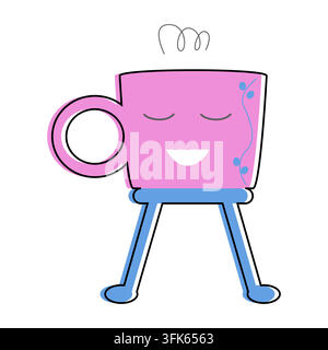 Una tazza a fumetti con una faccia sorridente e un manico rosa. La tazza è in piedi sulle sue gambe e sta godendosi una bevanda calda Illustrazione Vettoriale