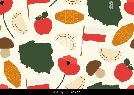 Modello senza cuciture con simboli tradizionali polacchi e icone alimentari, inclusi mappa, bandiera, formaggio oscypek, mela, gnocchi, fungo e papaveri - Illustrazione Vettoriale