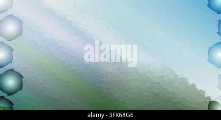 Uno sfondo di arte digitale astratta con sfumature diagonali di blu, verde e bianco con rumore testurizzato e elementi circolari luminosi lungo la Foto Stock
