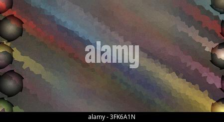 Uno sfondo scuro multicolor con una trama di bande diagonali blu, rosse, marroni e gialle, incorniciato da sfere metalliche sui lati sinistro e destro. Foto Stock