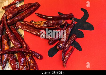 Peperoncini rossi essiccati e calligrafia cinese nera del carattere Fu su carta rossa, tradizione popolare cinese Foto Stock