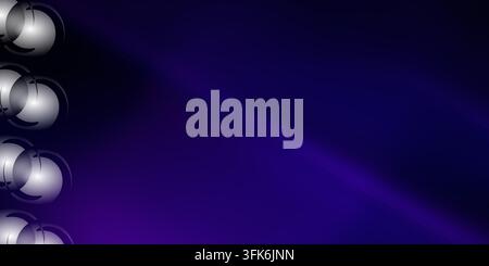 Sfondo scuro astratto con sfumature blu e viola fluide, caratterizzato da cerchi luminosi decorativi disposti in colonna sul bordo sinistro. Foto Stock