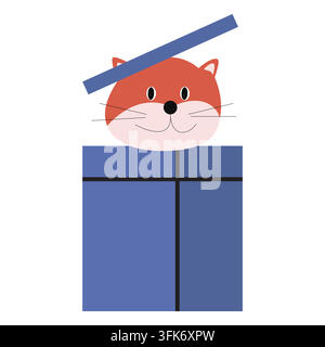 Gatto carino che esce da una scatola regalo in uno stile vettoriale festoso Illustrazione Vettoriale
