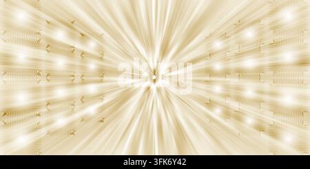 Uno sfondo astratto dinamico con una burst di luce dorata centrale che irradia verso l'esterno, affiancato da file simmetriche di quadrati texture luminosi Foto Stock