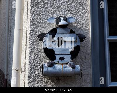 Una cassetta delle poste in metallo creativa fatta a mano progettata come una mucca maculata nera e bianca, montata su un muro in stucco strutturato in Germania. Foto Stock
