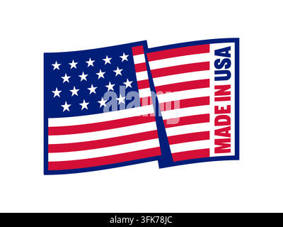 Distintivo rettangolare Made in USA con bandiera americana. Etichetta patriottica con stelle e strisce e iscrizione Made in USA. Marchio di qualità degli Stati Uniti per p Illustrazione Vettoriale