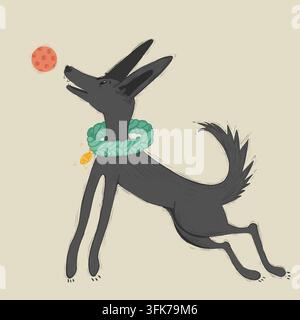 Illustrazione disegnata a mano di un cane nero snello con grandi orecchie appuntite che indossa un collare in corda intrecciata verde con un targhetta gialla, salta e guarda verso l'alto verso un Foto Stock