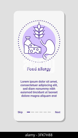 Schermo dell'app per allergie alimentari. Banner minimal dell'interfaccia utente mobile con icone di alimenti allergici, titolo, blocco di testo e navigazione, progettazione di un mockup di interfaccia per informazioni sanitarie. Stile vettoriale minimale, template isolato Illustrazione Vettoriale