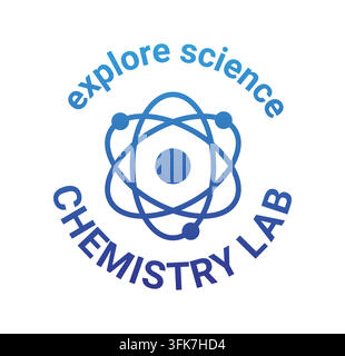Logo del laboratorio di chimica. Icona atomica minimale con testo circolare, marchio di identità educativo scientifico per laboratorio, ricerca e comunicazione accademica. Emblema o badge del laboratorio. Stile vettoriale minimale isolato Illustrazione Vettoriale