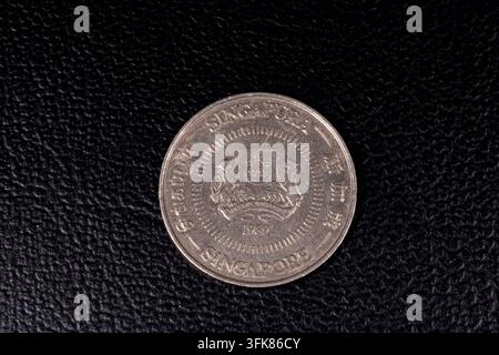 Fotografia macro di una moneta da 20 centesimi di Singapore del 1989 che mostra dettagli storici della valuta e del design monetario. Foto Stock