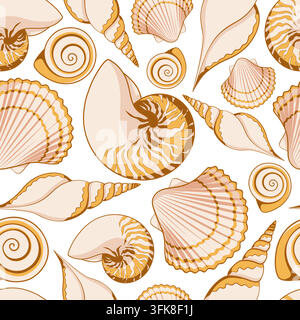 Modello senza cuciture con conchiglie marine. Sfondo vettoriale colorato su bianco. Illustrazione Vettoriale